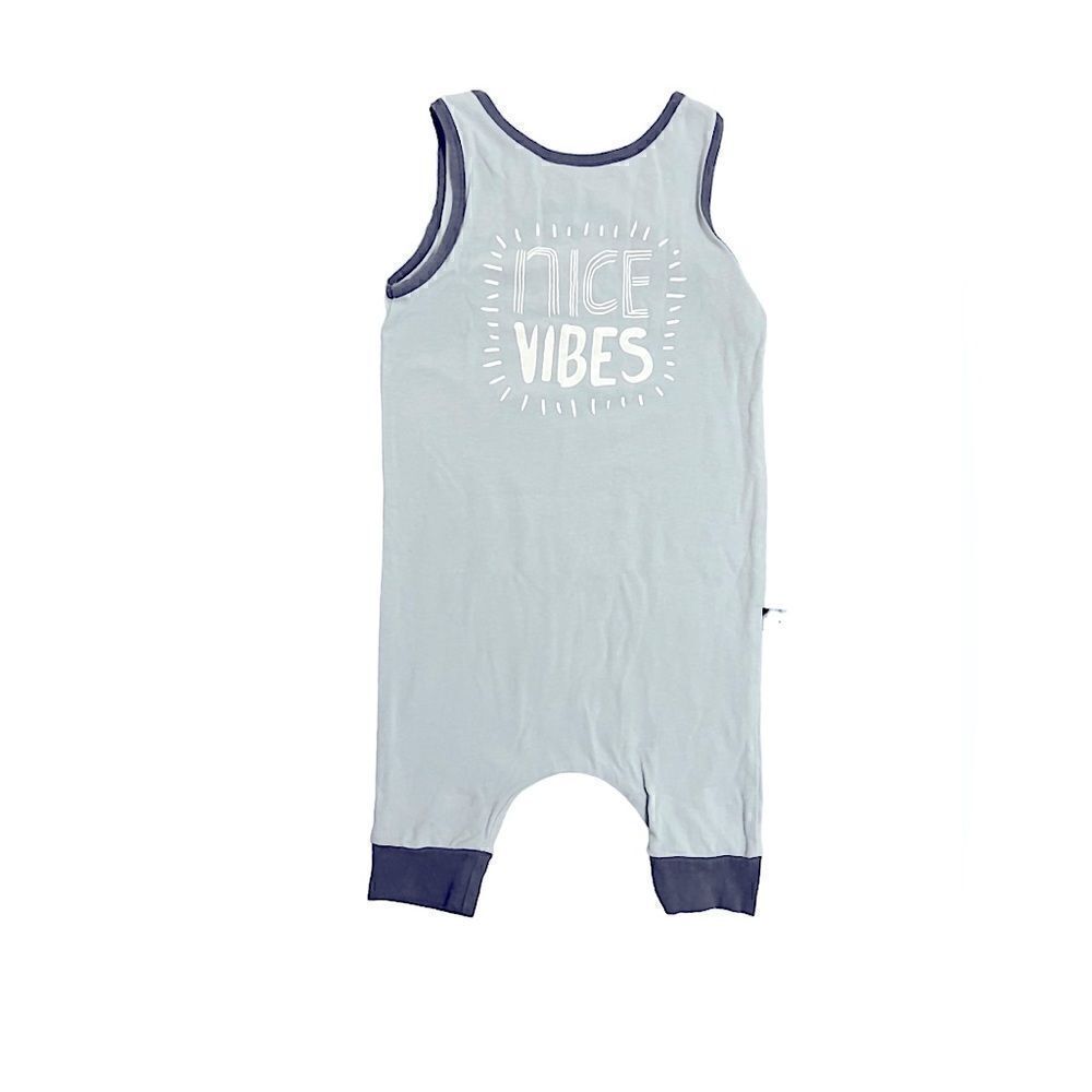 RAGS “Nice Vibes” Romper. Light blue with white wording.